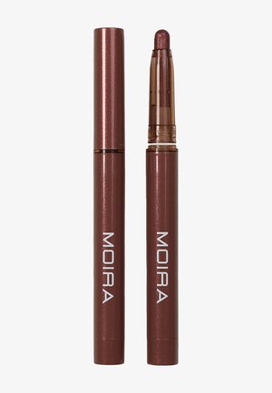 Two brown MOIRA lipsticks, one closed and one open showing the twist-up mauve shade tip.