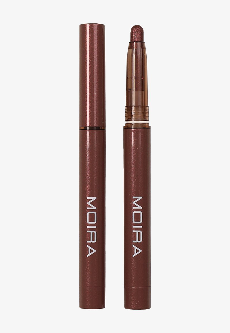 Two brown MOIRA lipsticks, one closed and one open showing the twist-up mauve shade tip.