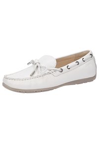 Weiße Lederloafer mit runder Zehenpartie, Spitze-Details und dekorativen Metallakzenten. Strukturierte Stiche entlang der Kanten. Flexible Gummisohle.