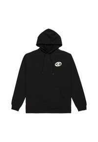 Black hooded sweatshirt made of soft fabric, featuring a front pocket, drawstring, and a circular logo on the left chest.