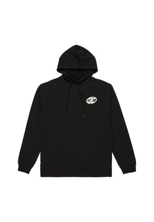 Black hooded sweatshirt made of soft fabric, featuring a front pocket, drawstring, and a circular logo on the left chest.