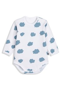 Langärmliger Baby-Bodysuit aus weißer Baumwolle mit blauen Wolkenmustern, mit runden Ausschnitt und Druckknöpfen an Schulter und Boden.