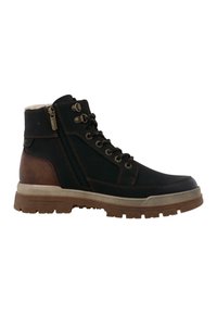 Botas mid-top en negro y marrón que combinan materiales de cuero y textil, con un diseño de cordones, cremallera lateral, cuello acolchado y suela de goma texturizada.