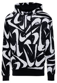 Svart och vit huvtröja med ett djärvt, abstrakt mönster, känguruficka och ribbade cuffs. Nike-logotyp på bröstet.