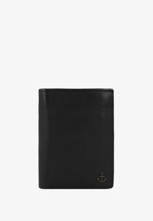 Zwarte leren portemonnee met een gladde textuur, rechthoekige vorm en een klein bronzen anker-embleem op de onderste hoek.