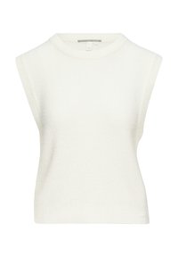 Top sans manches en tricot blanc avec un col rond haut, texture côtelée et une coupe légèrement décontractée. Étiquette de marque discrète près de l'ourlet.