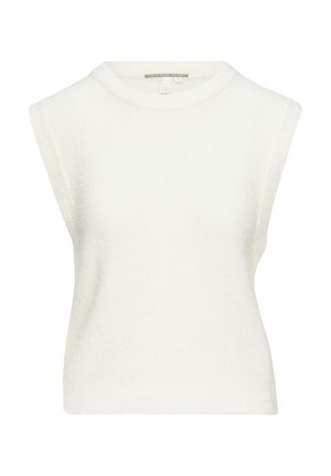 Mouwloze witte gebreide top met een hoge ronde hals, geribbelde textuur en een licht relaxte pasvorm. Subtiel merketiket nabij de zoom.