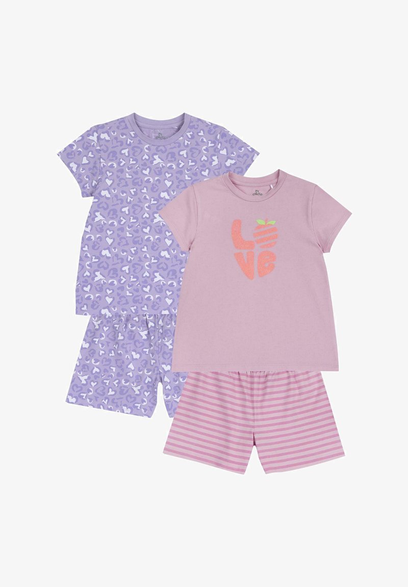Dos conjuntos de pijamas para niñas: uno lila con patrones de corazones, el otro rosa con un gráfico de "Amor" y pantalones cortos a rayas rosas.