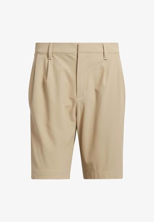 Calças de menino beiges até ao joelho com ilhós para cinto, bolsos laterais e fecho de correr na frente, exibidas sobre um fundo branco.