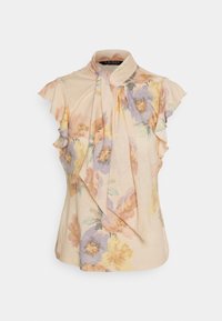 Ärmlös beige blus med pastellfärgad blommönster, vågiga ärmar och en knuten rosett vid halsen.