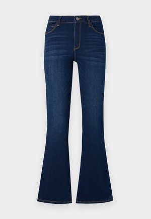 Tamsiai mėlyni plataus kirpimo džinsai iš džinsinio audinio. Yra aukšta juosmens linija, penkios kišenės, oranžinė siuvinėjimo siūlė ir metalinė sagtis.