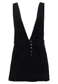 Musta corduroy-tyylinen ilman hihoja mini-mekko syvällä V-päällä ja viidellä keskikohdan napilla.
