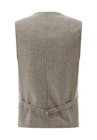 Grau karierte Hahnentrittweste ohne Ärmel, mit einem taillierten Rückenteil, einer seitlichen Schnallendetail und einer glatten Textur.