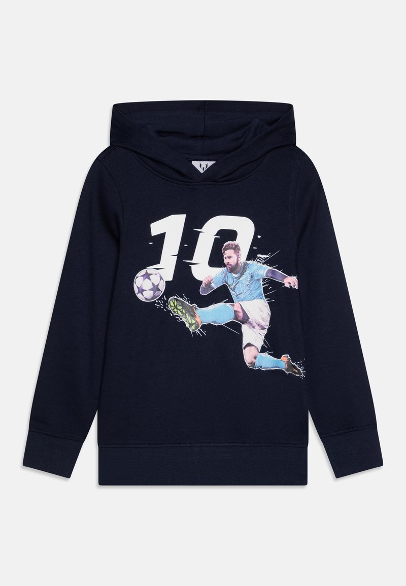 Le hoodie bleu marine présente un grand graphique blanc "10" et un joueur de football en action imprimé. Confectionné à partir d'un tissu doux et confortable.