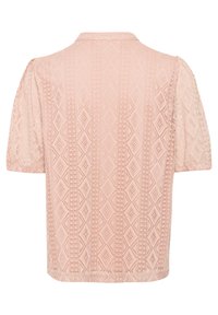 Light pink short-sleeve shirt featuring a textured diamond pattern, knitted fabric, and a classic collar with a straight hem.
