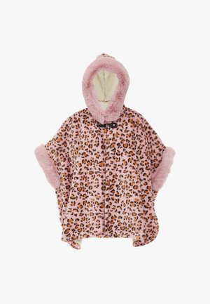 Pink leopard print poncho with a hood, made of soft, plush fabric, featuring fuzzy trim around the hood and sleeves, and a decorative toggle closure.