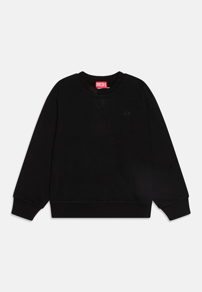 Black sweatshirt with a round neckline, ribbed cuffs, and hem. Features a small, tonal logo on the front and a red branded label inside.