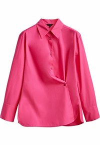 Helle pinke Bluse mit langen Ärmeln, spitzem Kragen, durchgehender Knopfleiste und einer leicht asymmetrischen Drapierung auf der rechten Seite.
