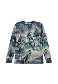 Barns långärmad skjorta med ett flerfärgat dinosauriemönster som visar olika arter i ett förhistoriskt landskap under en månbelyst himmel.