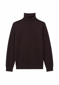 Dunkelbrauner Rollkragenpullover aus Strickstoff, mit langen Ärmeln, gerippten Bündchen und einem umgeschlagenen Kragen.