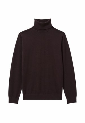 Pulover închis la culoare, de tip turtleneck, realizat dintr-un material tricotat, având mâneci lungi, manșete cu model în cordon și un guler pliat.