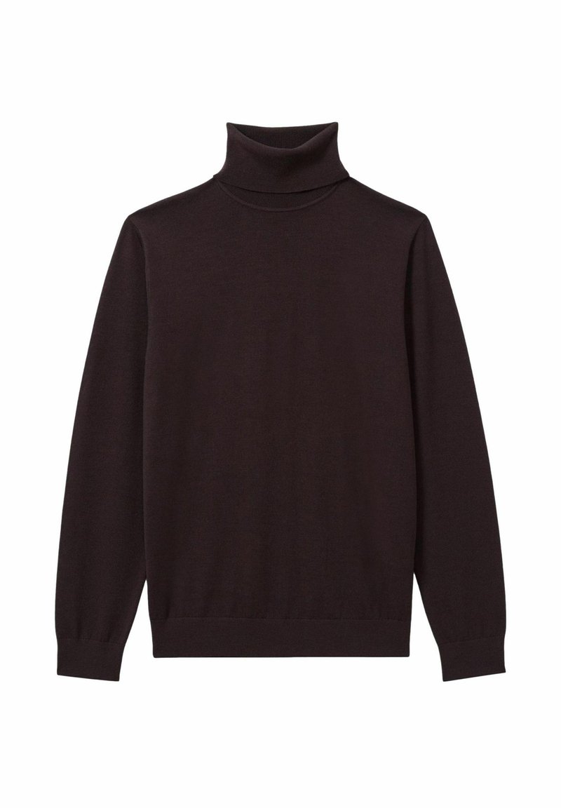 Dunkelbrauner Rollkragenpullover aus Strickstoff, mit langen Ärmeln, gerippten Bündchen und einem umgeschlagenen Kragen.