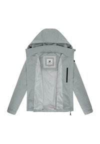 Lys grå jakke med hette, med glidelås-lommer foran, elastiske mansjetter, og en glatt innerforing. Accentmerke innvendig.