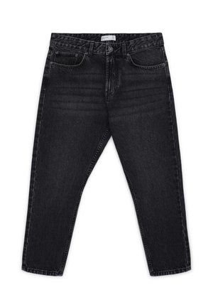 Jean en denim noir à coupe droite, avec une fermeture à boutons et à glissière, cinq poches et un léger délavage sur le tissu.