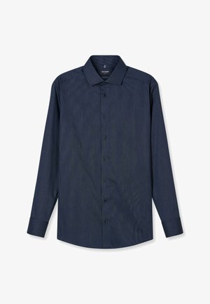 Marineblauw herenoverhemd met lange mouwen, knopen, subtiel gestructureerd patroon en puntkraag, plat liggend op een witte achtergrond.