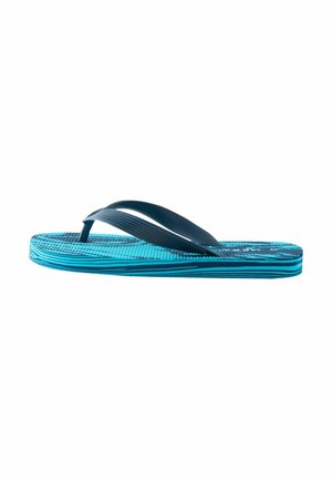 Blau-schwarz gestreifte Flip-Flop-Sandale mit strukturierter Fußsohle und dunkelblauem Y-förmigem Zehensteg, seitlich dargestellt.