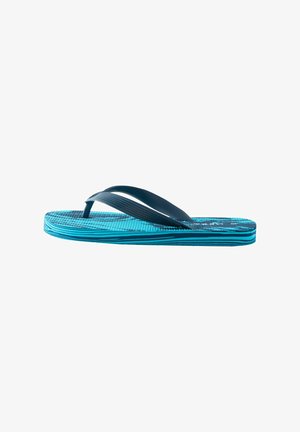 Blau-schwarz gestreifte Flip-Flop-Sandale mit strukturierter Fußsohle und dunkelblauem Y-förmigem Zehensteg, seitlich dargestellt.