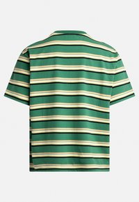 Tricou verde cu dungi, având dungi orizontale în alb, galben și negru. Fabricat dintr-un material moale, cu guler clasic și manșete scurte.