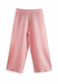 Lichte roze, wijduitlopende pantalons van textuurstof met verticale strepen, voorzien van een elastische tailleband en een verkorte lengte.