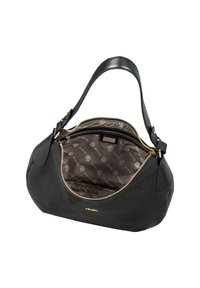 Sac à main en cuir noir avec texture crocodile, de forme courbée, avec une ouverture zippée et des accessoires en or. L'intérieur est doté d'une doublure en satin de marque.