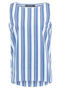 Top senza maniche blu e bianco a righe con una linea dritta, caratterizzato da righe verticali di larghezze variabili. Tessuto morbido con una superficie liscia.