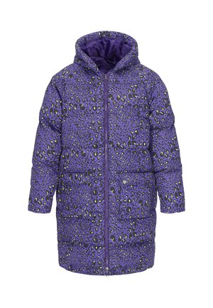 Giacca a vento viola con motivo leopardo, dotata di cappuccio, chiusura con zip frontale e due tasche anteriori. Tessuto dal tocco liscio.