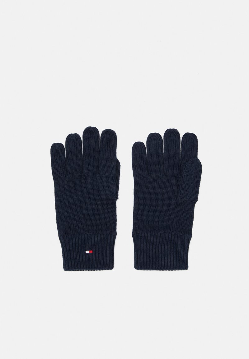 Guanti lavorati a maglia blu navy con polsini a coste, design a cinque dita e piccolo dettaglio del logo tricolore sul polso.