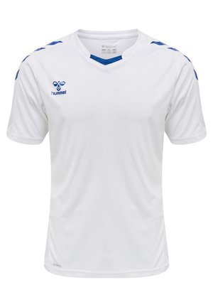 Maglia sportiva bianca realizzata in tessuto leggero, con accenti blu sulle spalle e sul colletto, design a scollo a V e logo sul petto.