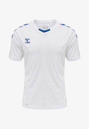 Weißes Sporttrikot aus leichtem Stoff, mit blauen Akzenten an der Schulter und dem Kragen, v-ausschnitt design und Logo auf der Brust.