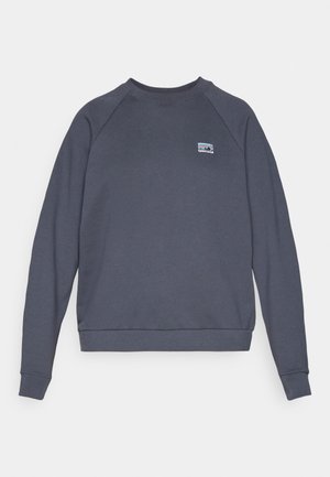 Dark gray crewneck sweatshirt with long sleeves and a small colorful Patagonia logo on the left chest.