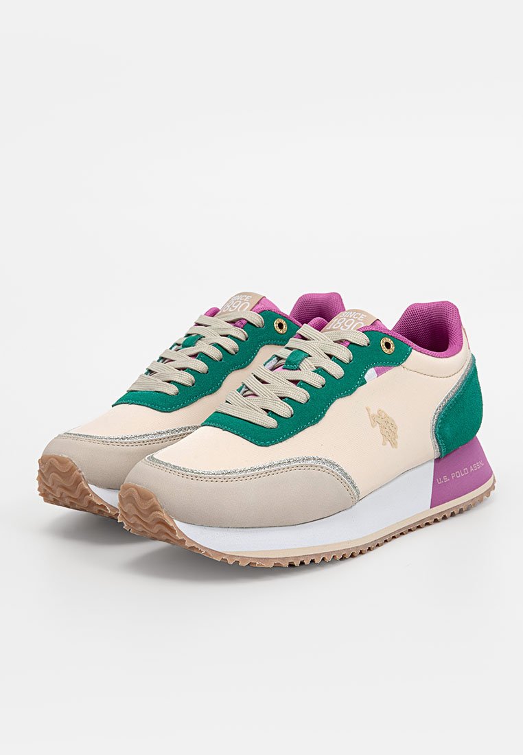 Leichte Sneaker mit einem Design in Beige, Grün und Lila. Sie verfügen über ein textiles Obermaterial, eine Schnürung und eine profilierte Gummisohle.