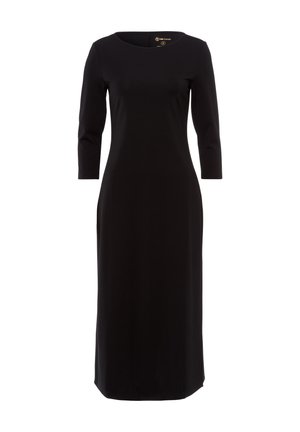 Vestido negro midi con escote redondeado, mangas tres cuartos y una tela suave y elástica. Presenta un cierre sutil en la parte posterior para un mejor ajuste.