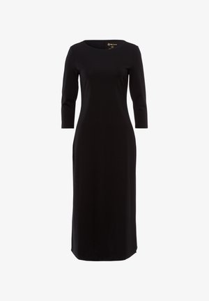 Abito midi nero con scollo rotondo, maniche a tre quarti e un tessuto liscio ed elasticizzato. Presenta una chiusura discreta sul retro per una vestibilità perfetta.