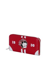 Portefeuille en simili cuir rouge avec un personnage de dessin animé portant un nœud à pois, des rayures blanches et les chiffres 19 et 30 de chaque côté.