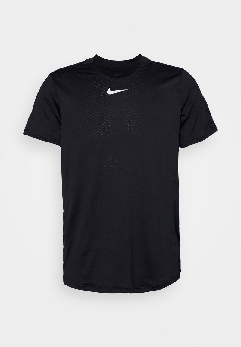 camiseta atlética negra de manga corta hecha de tejido ligero, con cuello redondo, presenta un logo de Nike en blanco en el pecho y sutiles detalles de textura.