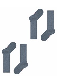 Szare skarpetki bawełniane w mieszance z dodatkiem innych włókien, z prążkowaną teksturą, o różnych długościach i kolorowym napisem na jednej parze. Prosty, funkcjonalny design.