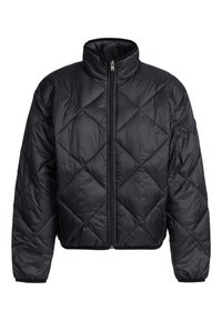 Black quilted puffer jacket with a high collar, zip front closure, and ribbed cuffs. Features a glossy finish and diamond pattern stitching.