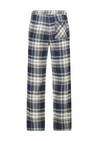 Pantalones de lounge a cuadros con cintura elástica, que cuentan con un bolsillo trasero. Los colores incluyen azul marino, blanco, verde y amarillo en una tela suave.