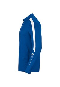 Blaue Sportjacke aus glattem, leichtem Stoff. Mit weißen Seitenstreifen, einem Reißverschluss vorne und fünf Knopfakzenten an den Ärmeln.
