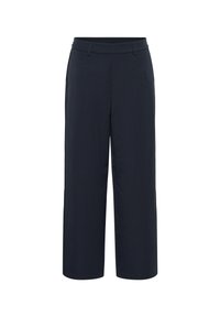 Navy wide-leg trousers with a straight cut. Features a smooth fabric, a flat waistband, and side pockets, offering a relaxed fit.